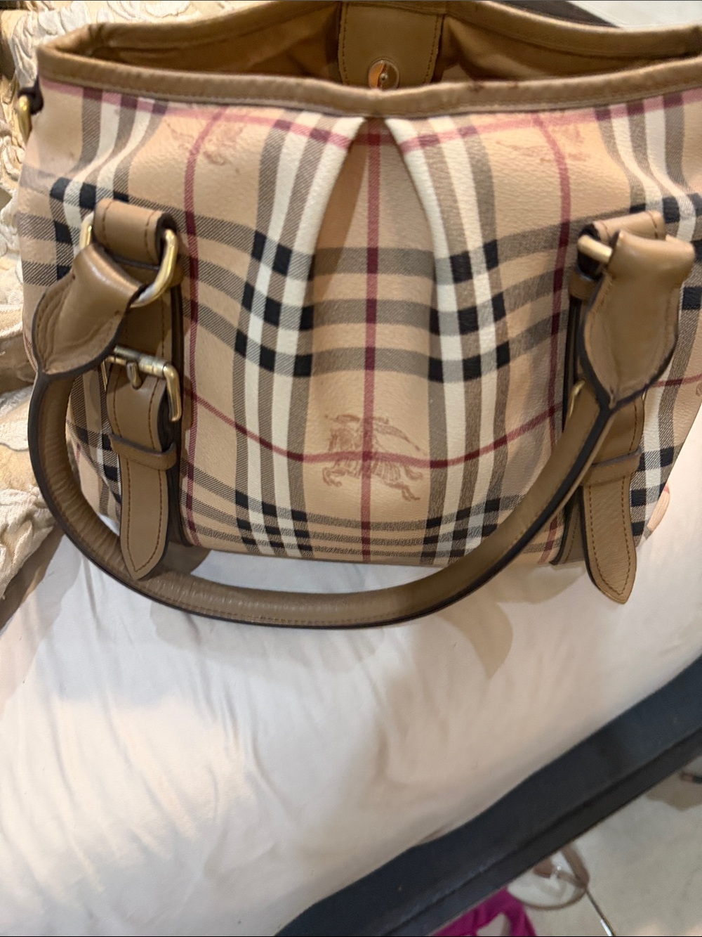 Burberry Tan Check Shoulder Bag with Leather Trim
